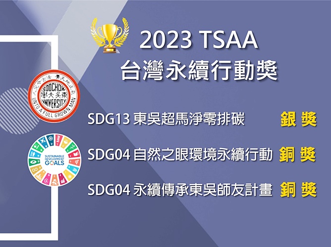 圖片標題:1120727-1120831【評鑑組】東吳連三年獲獎！勇奪「2023TSAA台灣永續行動獎」銀、銅獎__看板